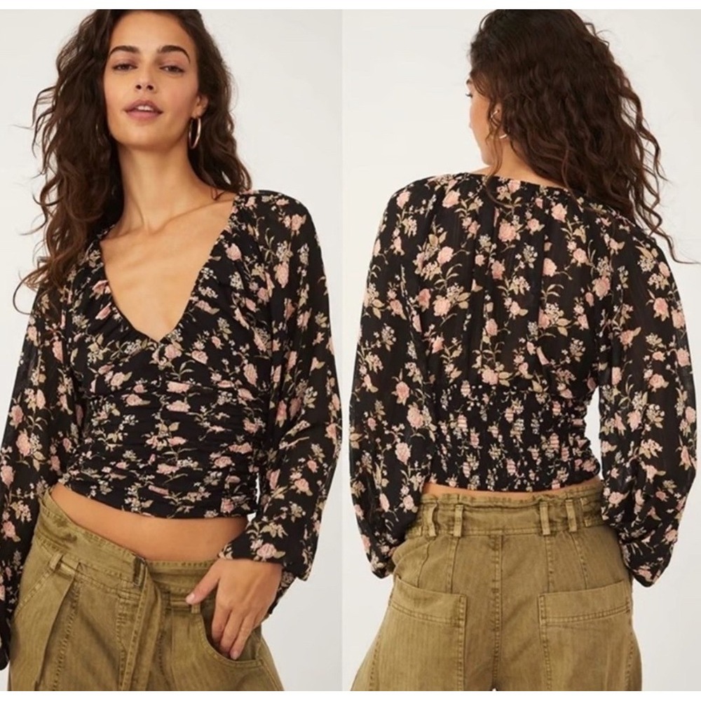 NWT Free People Final Rose Floral Ruched Smocked Long Sleeve Blouse Womens Small